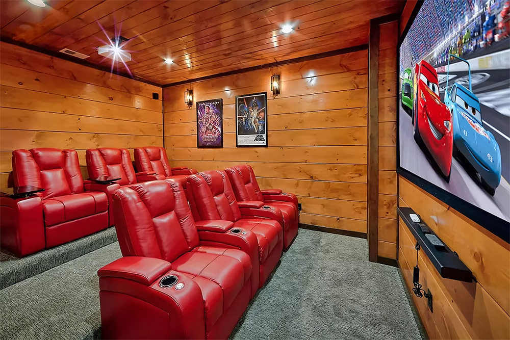 Private theater room with reclining leather seating