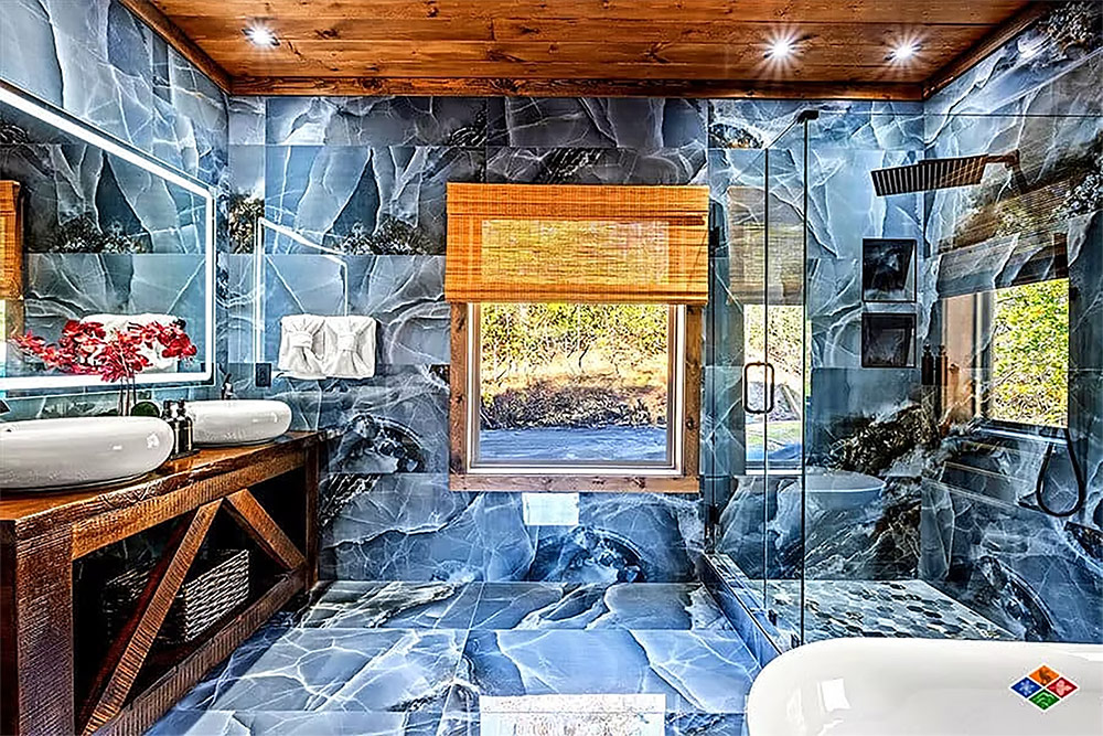 Luxury bathroom with freestanding soaking tub and walk-in shower