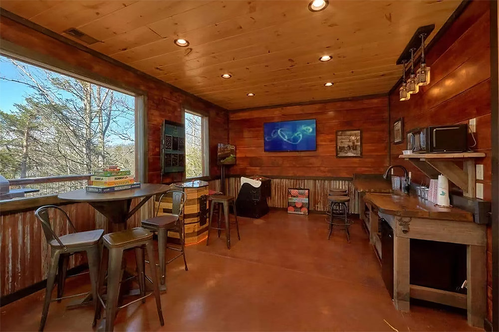 Recreation room with bar seating and mountain views