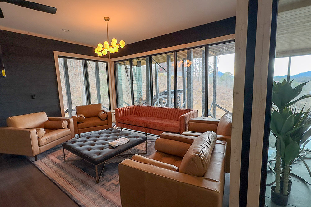 Luxury custom home interior with large windows and mountain views